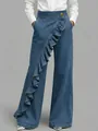 Detail of retro high-waisted wide-leg jeans featuring an irregular diagonal ruffle design. - 3XL / Bottoms / Dark Blue
