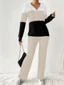 Elegant three-tone colorblock ribbed hooded tracksuit two-piece set for women - 1XL / Top And Bottom / Khaki