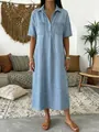 Full length view of a loose short sleeve V-neck imitation denim maxi dress with pockets. - S / Light Blue
