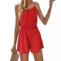 Summer red sleeveless spaghetti strap short jumpsuit with elastic waist for casual wear - S / Top And Bottom / Red