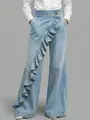 Front view detail of high-waist denim wide-leg pants with asymmetrical ruffle trim - 3XL / Bottoms / Light Blue