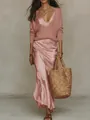 Élégant pull en maille rose associé à une jupe midi en satin assortie pour un look chic - XS / Haut Et Bas / Rose