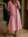Elegante abito casual rosa con scollo a V, mezze maniche e raffinati dettagli in pizzo all'uncinetto - Rosa