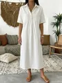 Elegant loose white V-neck imitation denim midi dress for women with chest pockets - S / White