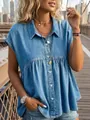 Stylish blue sleeveless denim shirt with ruffled peplum hem and button closure - S / Tops / Light Blue