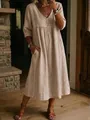 Bohemian beige linen-style V-neck dress with elegant lace trim and side pockets detail - S / Tops / Apricot