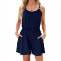 Navy blue sleeveless romper with spaghetti straps and elastic waist for summer - S / Top And Bottom / Dark Blue