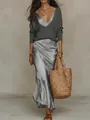 Elegant 2-piece set with a grey knit sweater and a silver satin slip midi dress - S / Top And Bottom / Gray
