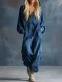 Women's stylish blue denim print long sleeve hooded jumpsuit with functional large pockets - S / Dark Blue