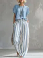 Detalle de conjunto para mujer con blusa azul y pantalón ancho de rayas verticales - 3XL / Top Y Pantalón / Azul claro