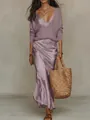 Vue détaillée de l'ensemble mode deux pièces pull en maille lilas et robe en satin chic - S / Haut Et Bas / Violet
