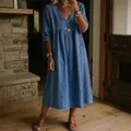 Women's casual V-neck faux denim midi dress with embroidered details and mid-sleeves - Dark Blue
