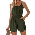Stylish dark green summer spaghetti strap romper with a smocked elastic waistline. - Olive Green