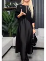 Elegant black solid color round neck half sleeve midi dress for winter fashion style - Black