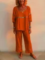 Damen-Set in Terrakotta mit kreisförmigen Ausschnitten und Stickerei-Details - 3XL / Oberteil und Hose / Orange