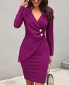 Detail of purple slim-fit professional blazer dress with gold buttons and wrap design. - S / Purple