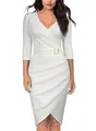 Elegant white V-neck 3/4 sleeve bodycon wrap dress with gold buckle belt detail. - S / White