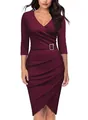 Elegant wine red dress showing V-neckline, 3/4 sleeves and flattering waist draping. - S / Burgundy