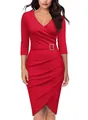 Detail view of the red V-neckline and belted waist on a professional sheath dress - S / Red