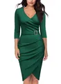 Elegant dark green V-neck sheath dress with 3/4 sleeves and belted waist detail. - S / Green