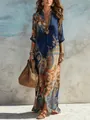 Robe longue bohème à imprimé numérique avec motifs baroques artistiques pour femmes - 3XL / Haut Et Bas / Bleu foncé