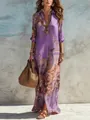 Vue d'ensemble d'une robe chemise longue élégante imprimée violette de style rétro - 3XL / Haut Et Bas / Violet