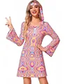 Detalle de vestido hippie retro de los 70 con patrón psicodélico y mangas acampanadas - S / Top Y Pantalón / Rosa