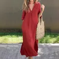 Detail view of summer v-neck long dress with elegant front pleats and side slits - S / Top And Bottom / Red