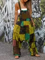 Bohemian patchwork hippie harem overalls with ethnic print and pockets for women - S / Top And Bottom / Green