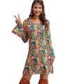 Minivestido hippie retro de los años 60 y 70 con los coloridos estampados florales - S / Top Y Pantalón / Amarillo