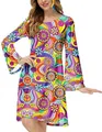 Vista detallada del vestido hippie retro para mujer con estampados psicodélicos - S / Top Y Pantalón / Floral Púrpura