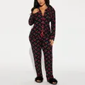 Women's two-piece cherry print pajama set with long sleeves and matching pants for home wear - S / Top And Bottom / Black Cherry Print