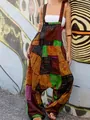 Bohemian patchwork ethnic print harem overalls featuring front pocket and bib detail - S / Top And Bottom / Orange