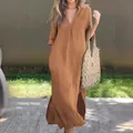 Full view of elegant women's camel summer maxi dress with V-neck and side slits - S / Top And Bottom / Khaki