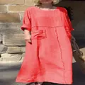 Casual red cotton linen maxi dress with round neck, long sleeves and side pockets detail - S / Tops / Red