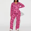 Women's pink psychedelic print long-sleeve pajama set with lapel collar - S / Top And Bottom / Pink Purple Ripple Print