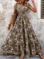 Elegant vintage floral print maxi dress featuring a V-neckline and short sleeves for summer - Brown