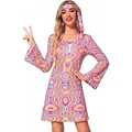Hippie Kostüm Damen mit psychedelischem Print und Stirnband für Halloween Party - S / Set / Pfirsich
