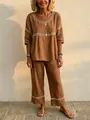 Comfortable brown loose two-piece women's set featuring elegant white eyelet lace details - Brown
