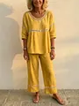 Boho casual mustard yellow linen-look two-piece set with white eyelet lace detailing - Yellow