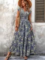 Elegant vintage printed V-neck short sleeve maxi dress for women in summer boho style - Blue