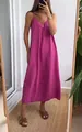Model mirror selfie showing a loose fuchsia pink spaghetti strap maxi dress fit - Purple