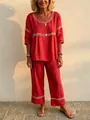 Casual loose red two-piece linen-look set for women with round neck and lace trim - Red