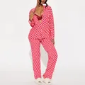 Comfortable red and pink diagonal striped women's pajama set with long sleeves and pants - S / Top And Bottom / Red Pink Diagonal Stripe