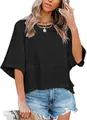 Women's casual black loose fit round neck T-shirt with 3/4 length bell sleeves - S / Tops / Black