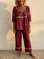 Women's burgundy casual loose-fitting two-piece outfit with elegant white lace trim - Burgundy