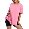 Detailed view of women's pink crew neck oversized cotton T-shirt with side slits - Light Pink