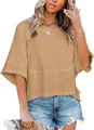 Casual khaki loose fit women's T-shirt with a round neck and stylish half flare sleeves - S / Tops / Khaki