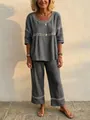 Comfortable grey imitation denim women's two-piece set with elegant white lace trim details - Dark Gray