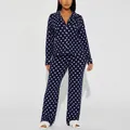 Women's navy blue star print pajama set featuring long sleeve shirt and matching pants - Navy Star Print